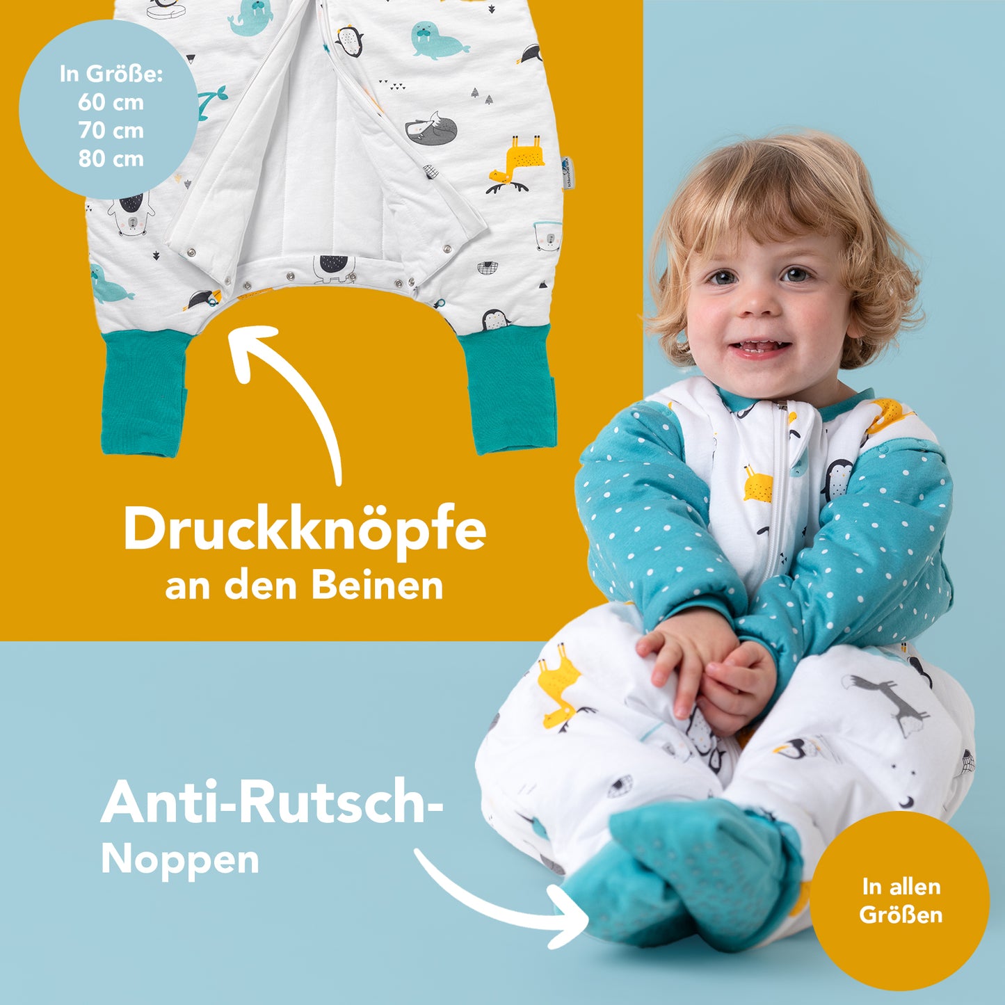 Bio Schlafsack mit Füßen und umklappbaren Bündchen, 2.5 TOG