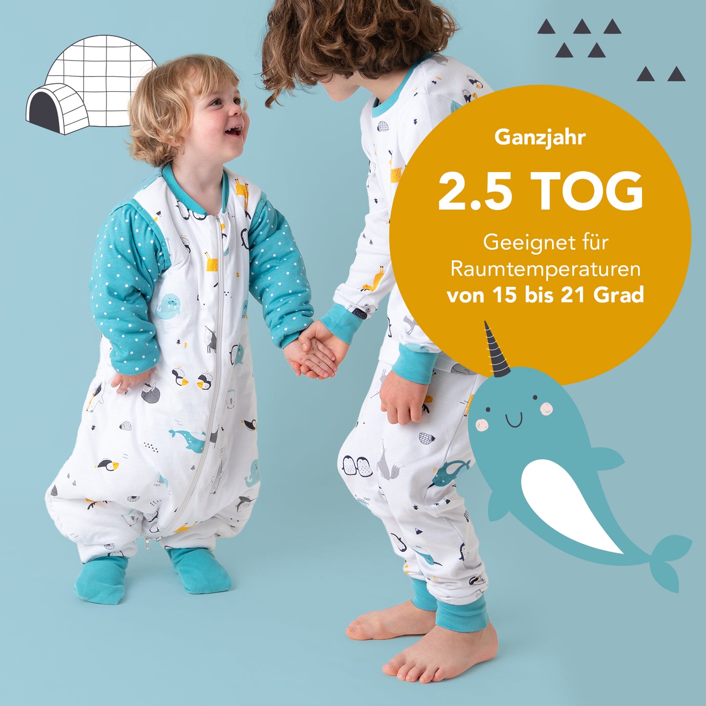 Bio Schlafsack mit Füßen und umklappbaren Bündchen, 2.5 TOG