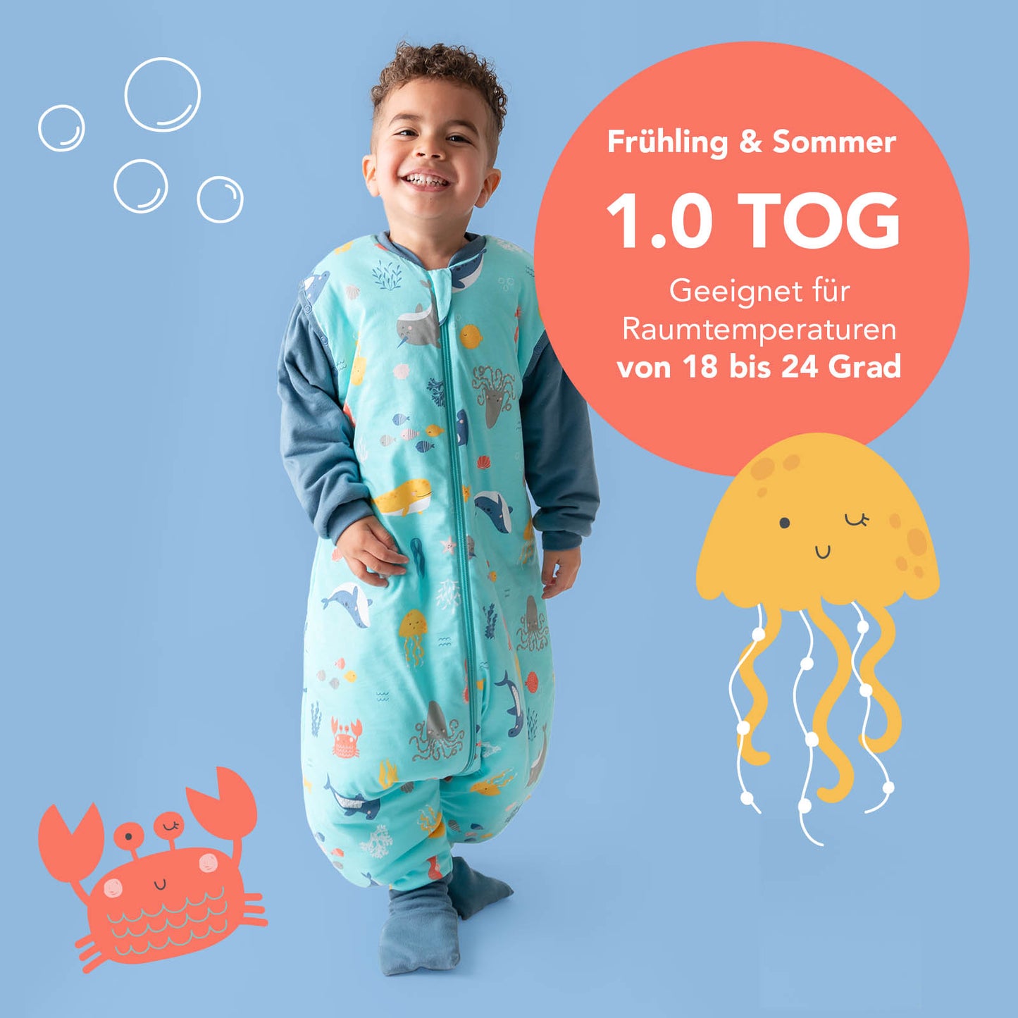 Schlafsack mit Füßen, umklappbaren Bündchen und Ärmeln, 1.0 TOG