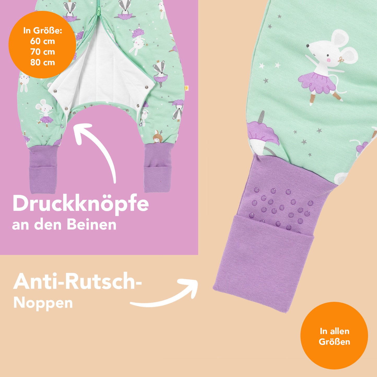 Schlafsack mit Füßen, umklappbaren Bündchen und Ärmeln, 1.0 TOG